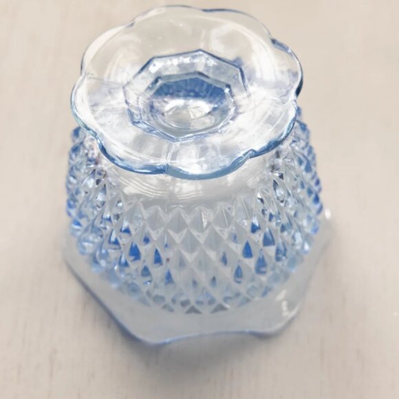 Vintage Small Blue Glass Footed Bowl with Diamond Point Designs - Picture 4 of 4